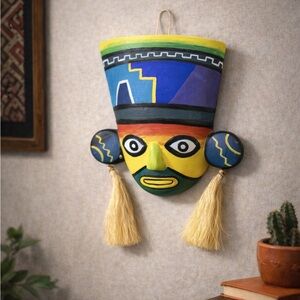 Salomon Ruiz Soiu Hand Painted Peruvian Folk Art Wall Mask w/ Tassels – Signed